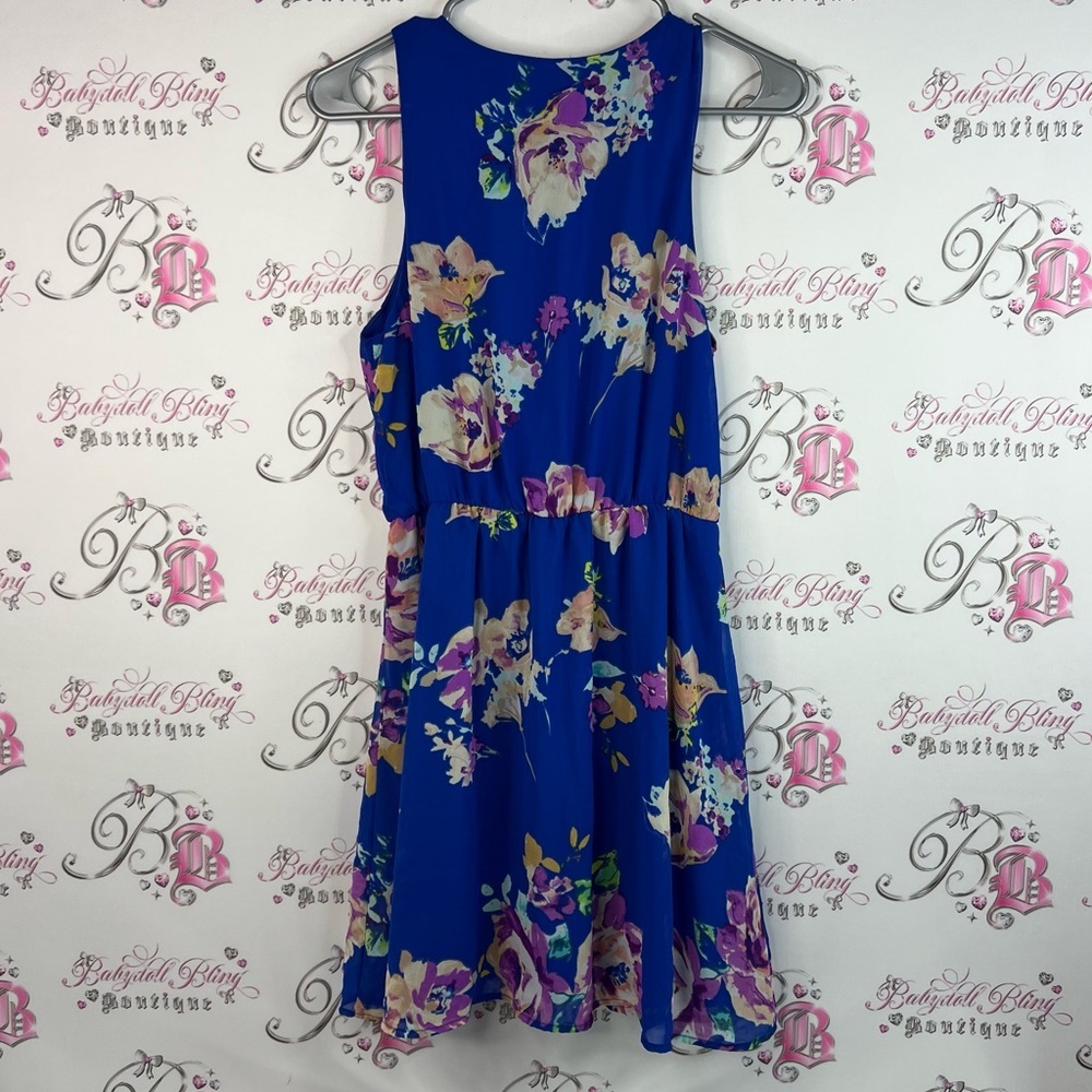 Everly dress Vneck floral flowers ruffle purple green Royal Blue Dress - Picture 2 of 14